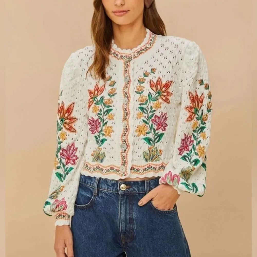 FARM Rio  Off  White Garden Delight  Knit Cardigan